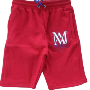 Red fleece athletic shorts with white logo