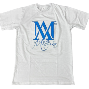 White t-shirt with blue stylized "M" logo