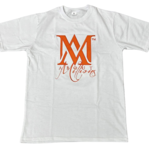 White T-shirt featuring orange stylized "M" logo