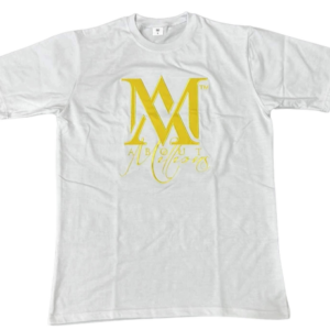 White t-shirt with yellow stylized "M" logo