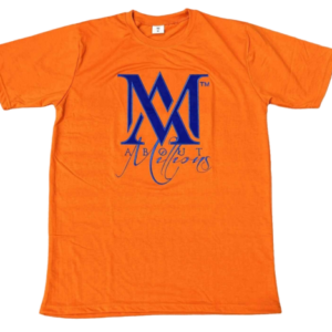 Orange T-shirt with blue stylized M logo