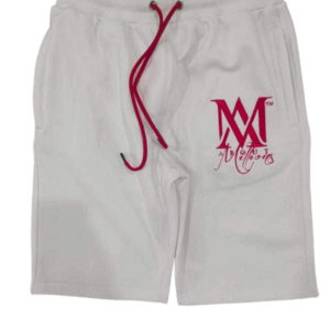 White shorts with red drawstring and logo