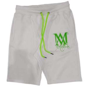 White shorts with neon green drawstring and logo
