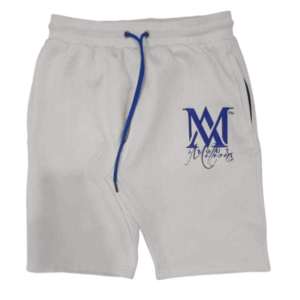 White athletic shorts with blue drawstring and logo
