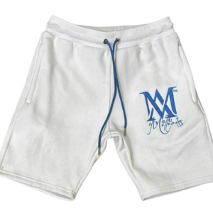 White drawstring shorts with blue monogram logo