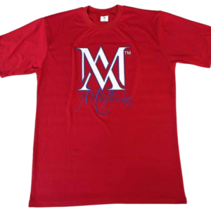 Red T-shirt with white stylized M logo