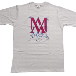 White T-shirt with stylized red "M" logo