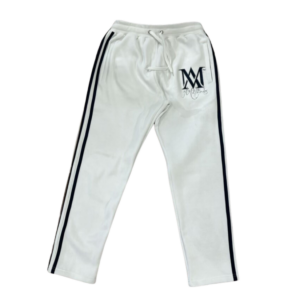 White track pants with black side stripes