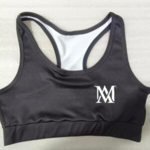 Black racerback sports bra with white logo