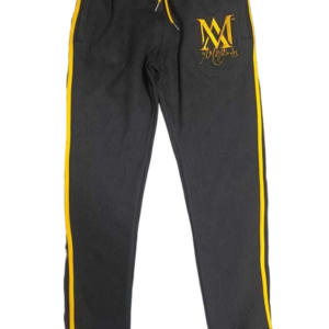 Black sweatpants with yellow logo and stripes