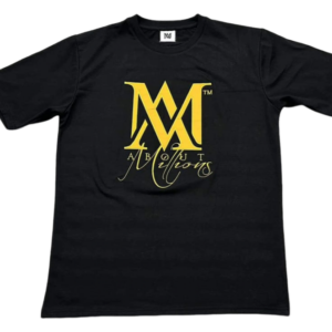 Black T-shirt with gold stylized "M" logo