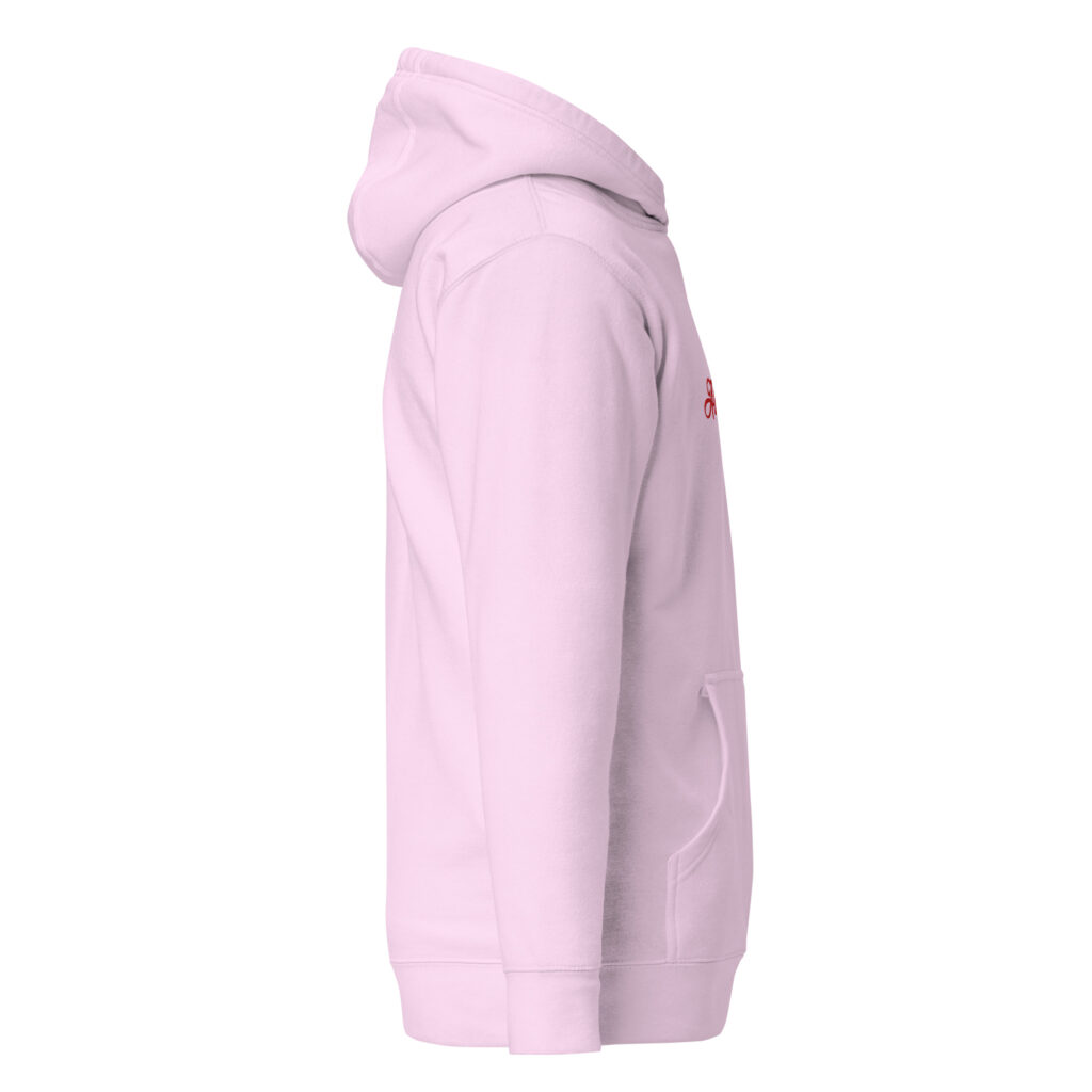 Side view pink hooded sweatshirt