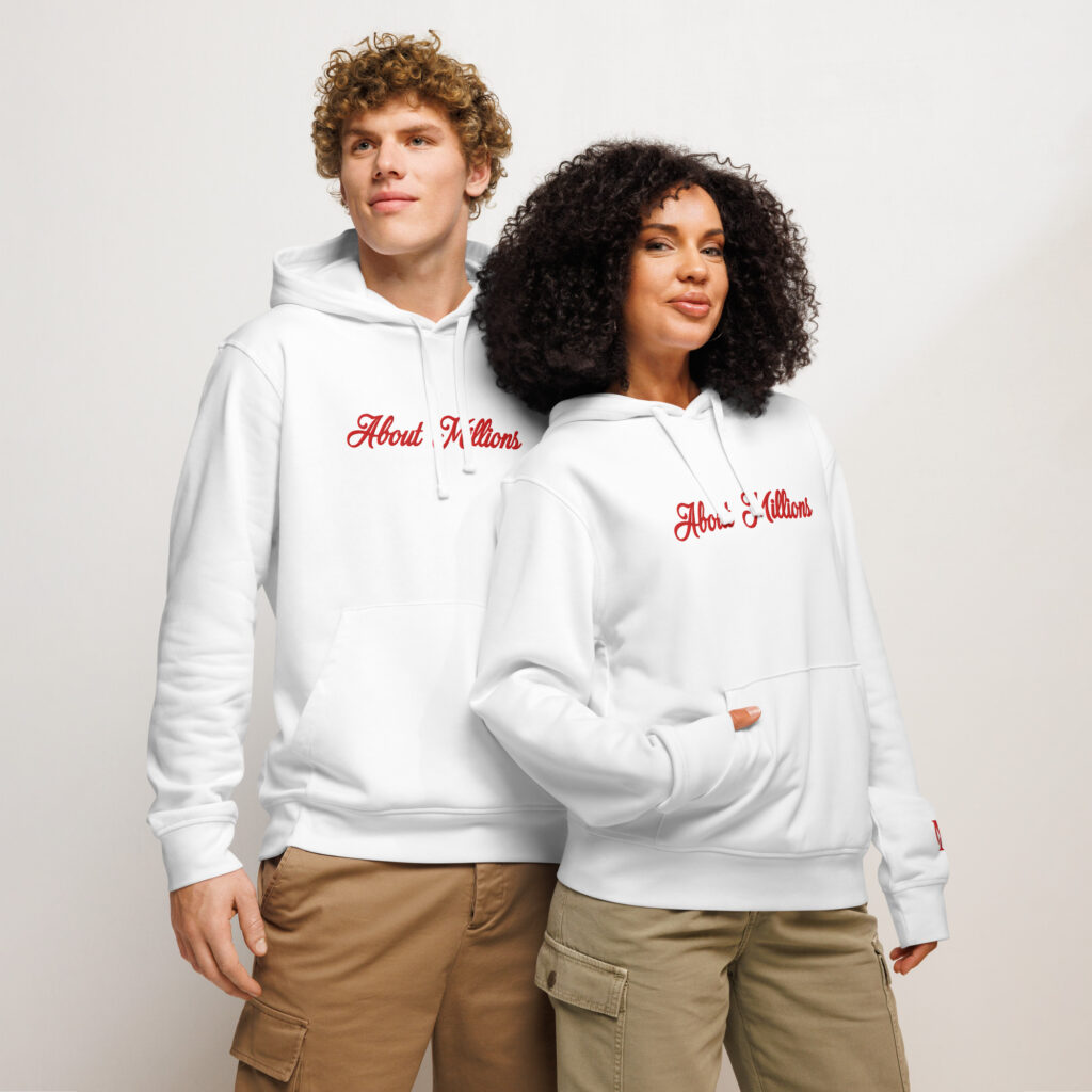 Two models in white hoodies with red logo