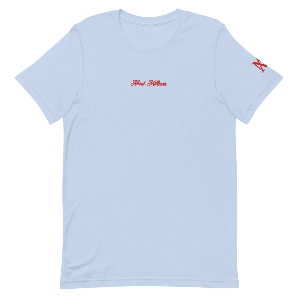 Light blue t-shirt with red script chest logo