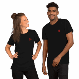 Two models smiling in black logo t-shirts