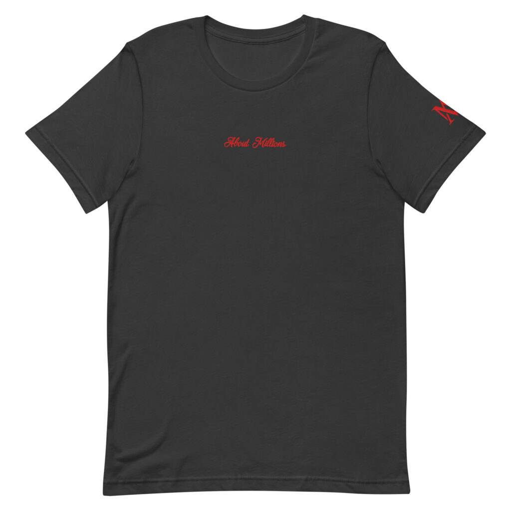 Black t-shirt with small red script logo