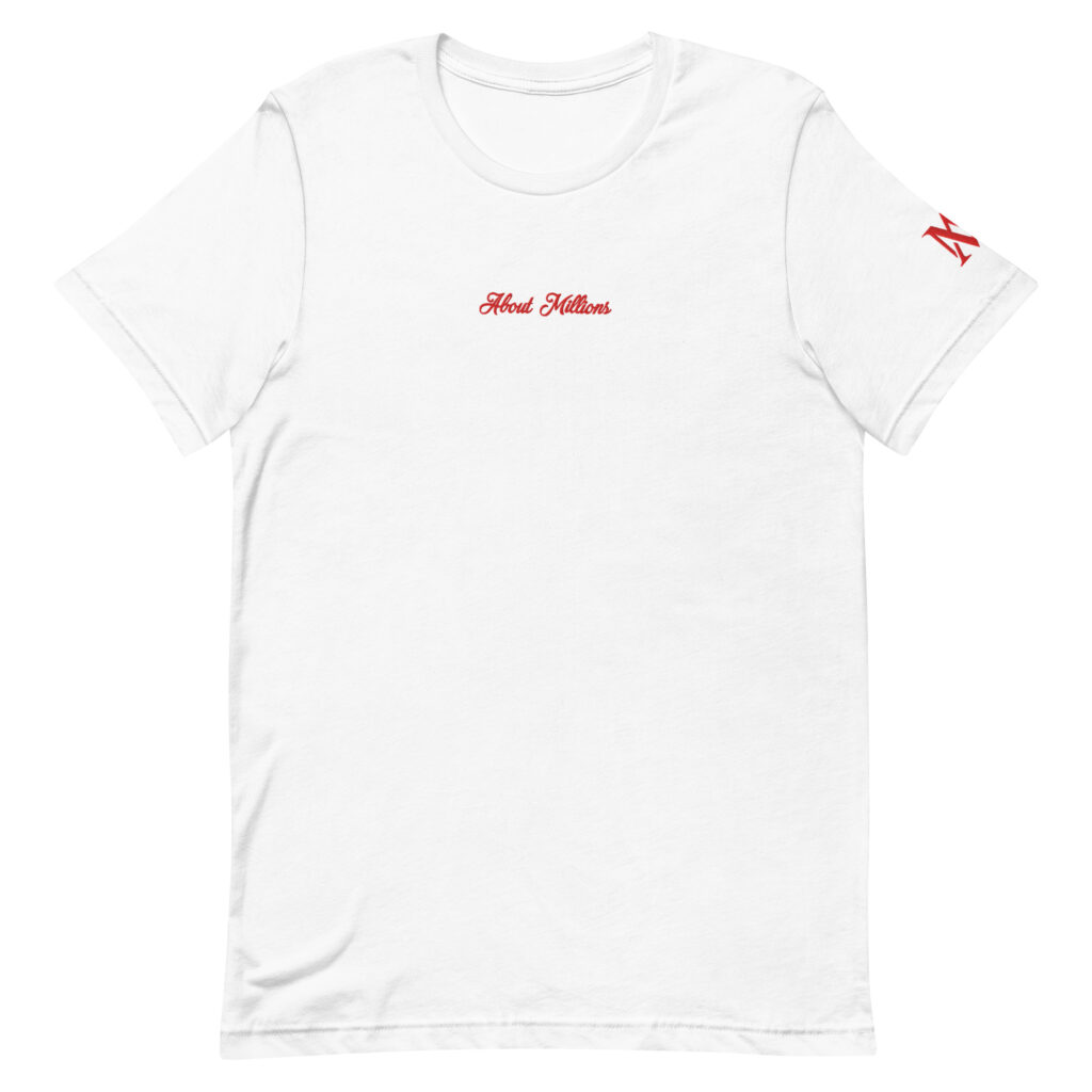 White t-shirt with small red "About Millions