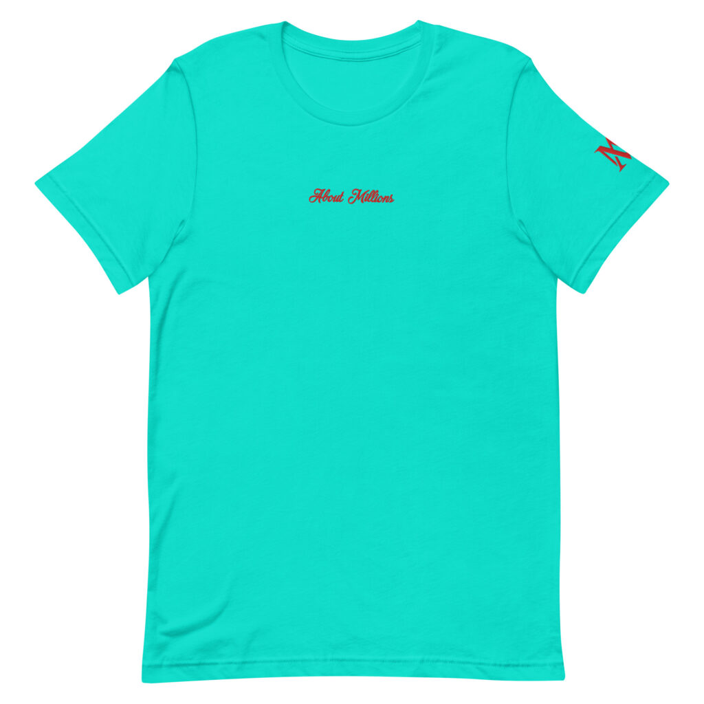 Turquoise t-shirt with red script logo