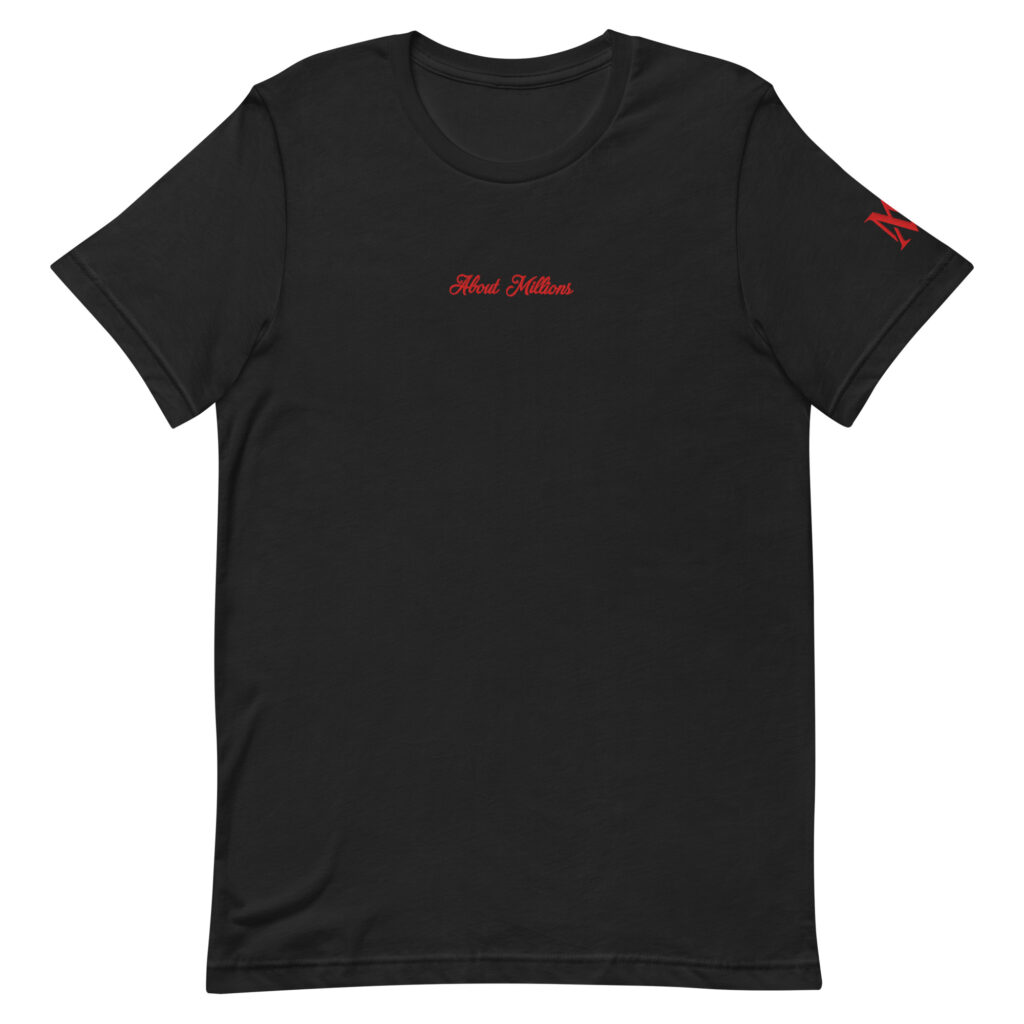 Black t-shirt with red cursive chest text