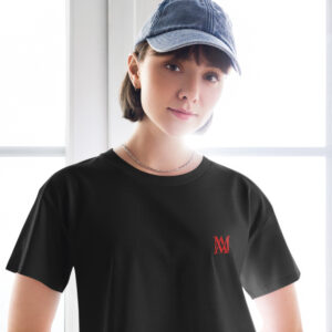 Person wearing black t-shirt and blue cap
