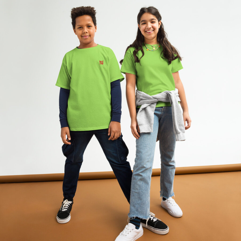 Two smiling kids wearing bright green t-shirts