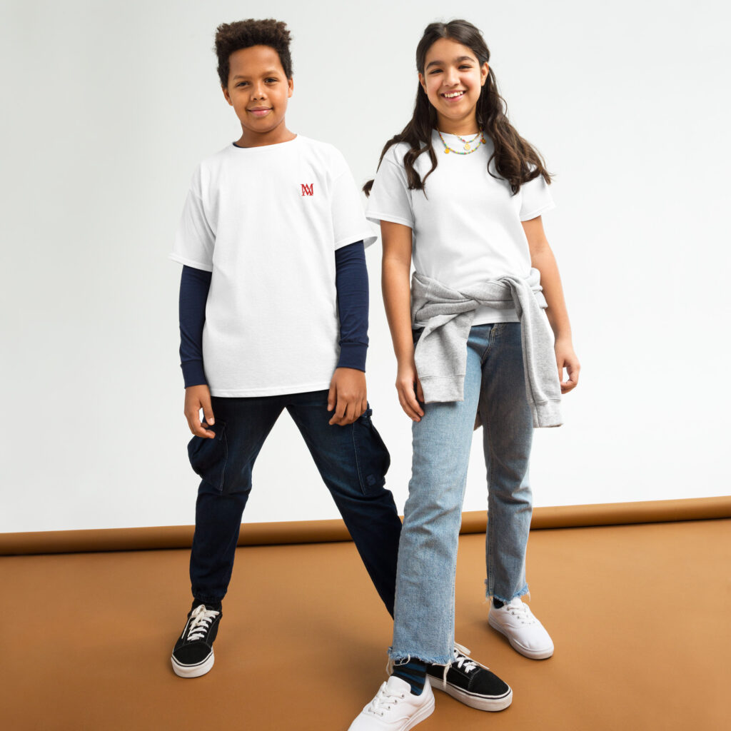 Two children posing in white t-shirts