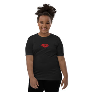 Smiling child in black shirt with red logo