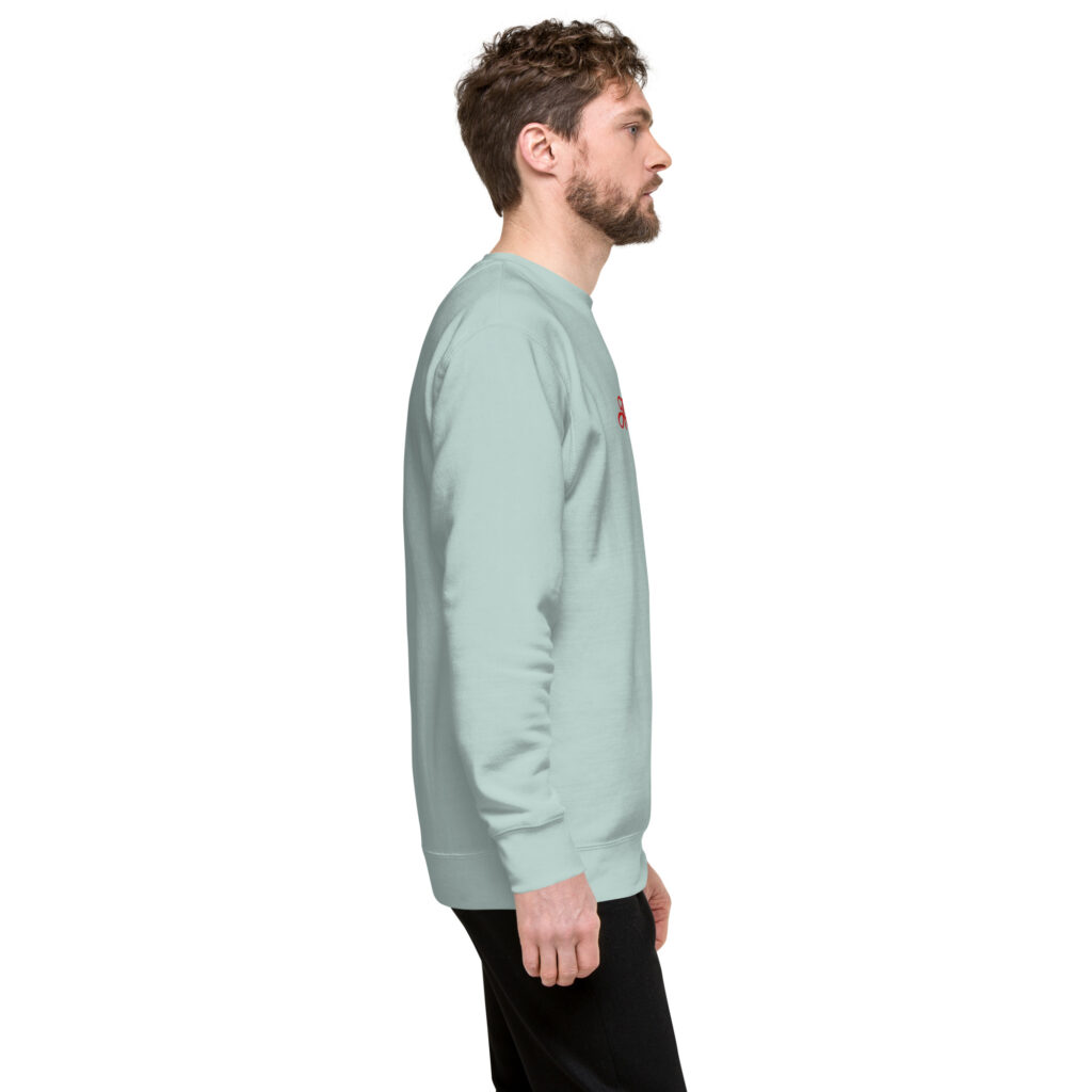Side profile of man wearing mint sweatshirt
