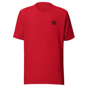 Red crewneck t-shirt with small black logo