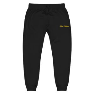 Black sweatpants with small gold script logo