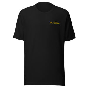 Black t-shirt with small yellow chest logo