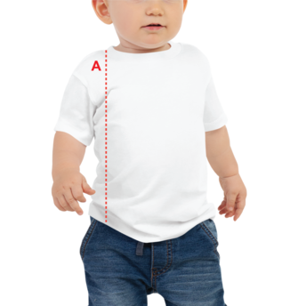 Toddler in white t-shirt showing shoulder measurement