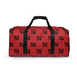 Red duffel bag with black monogram pattern