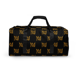 Black duffel bag with gold monogram pattern
