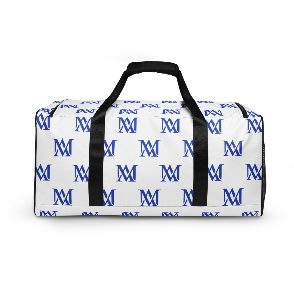 White duffel bag with blue monogram pattern