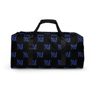Black duffel bag with blue logo pattern