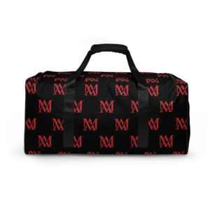Black duffel bag with red M monogram