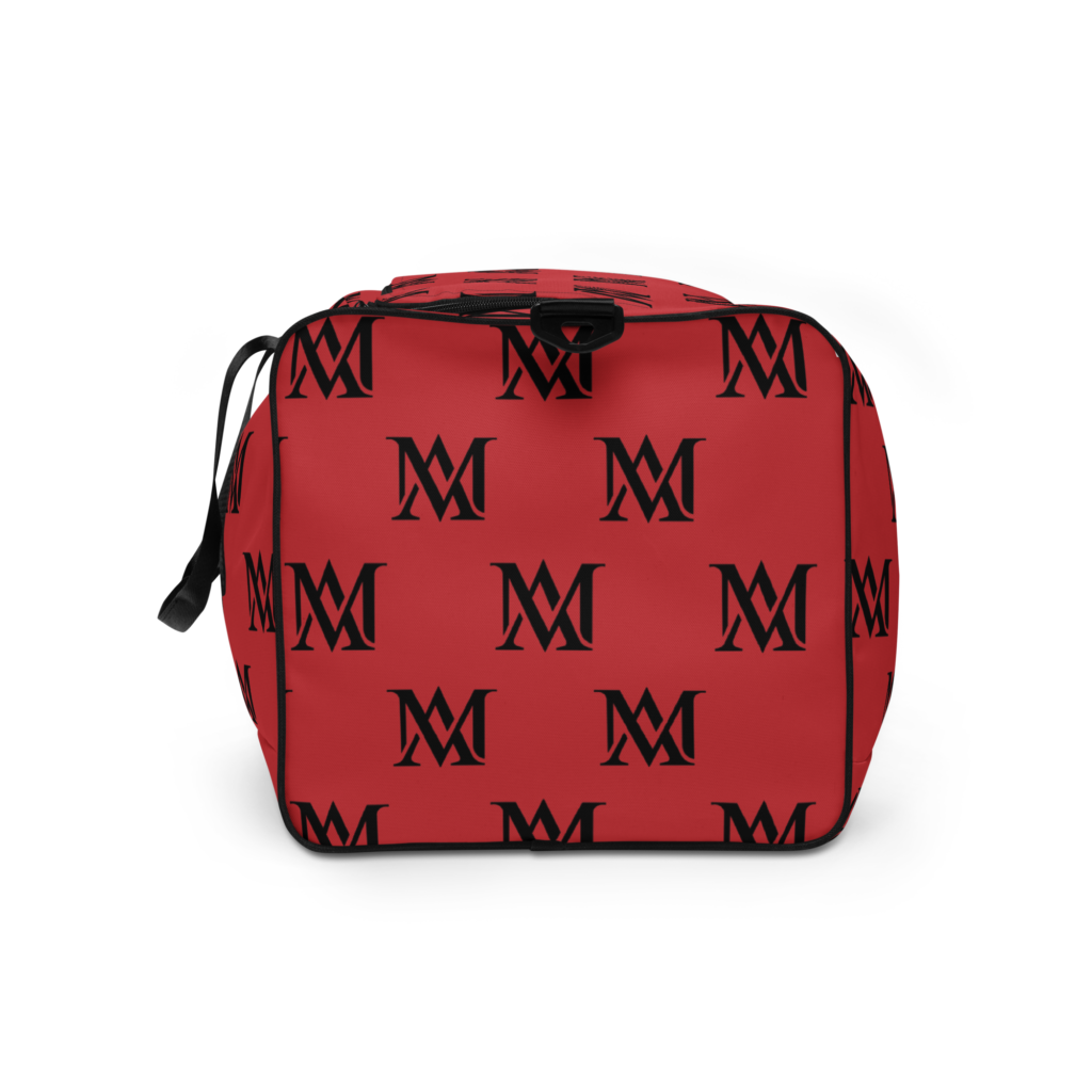 Red zippered travel bag with black monograms