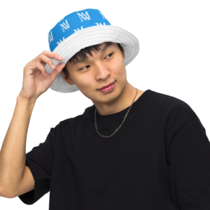 Young man wearing blue-and-white bucket hat