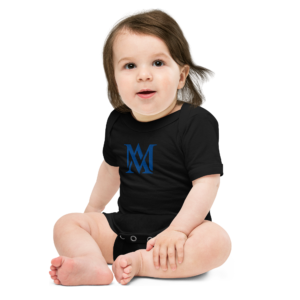 Cute baby in black onesie with blue logo