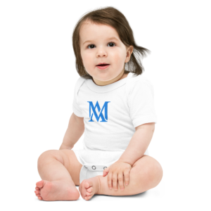 Baby in white onesie with blue logo