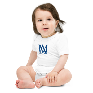 Sitting baby in white onesie with blue logo