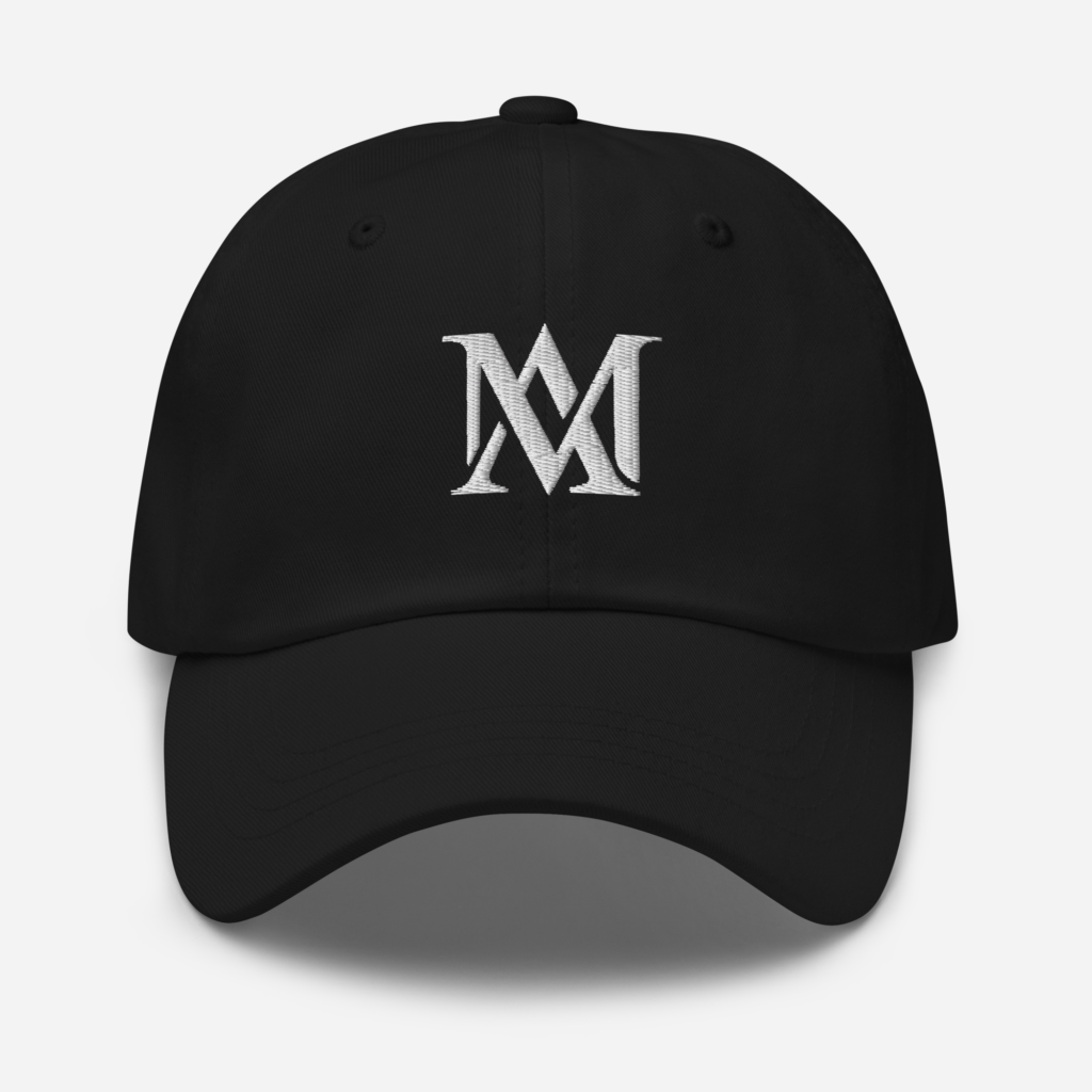 Black baseball cap with white embroidered M