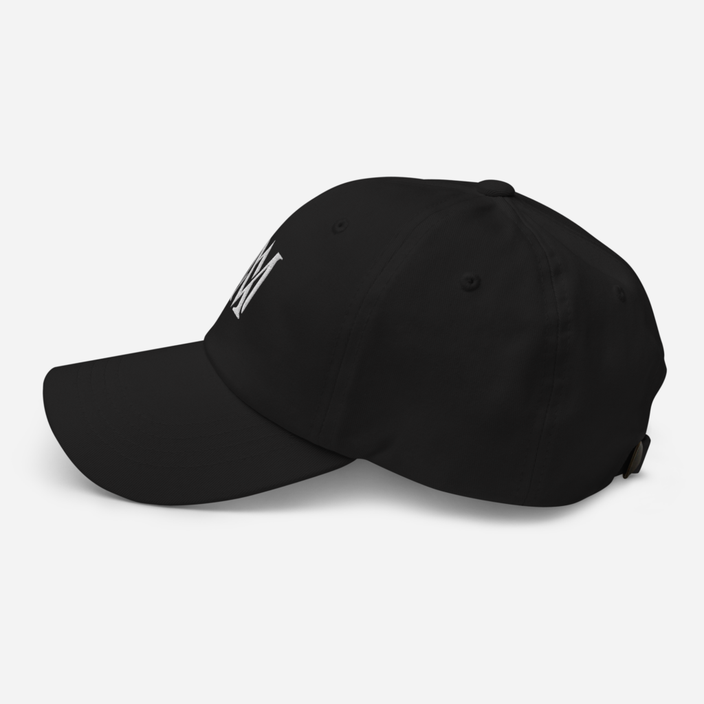 Black baseball cap with white embroidered logo