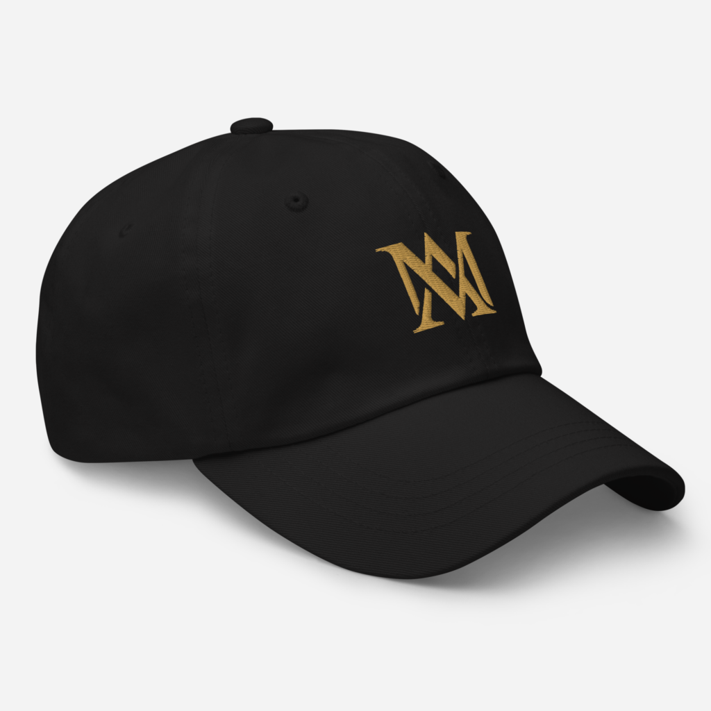 Black baseball cap with gold embroidered M logo