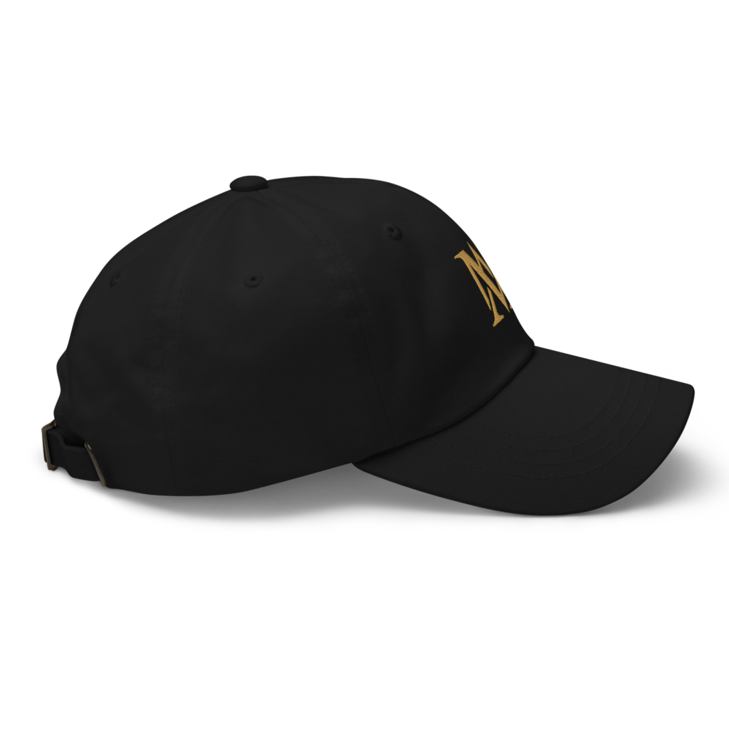 Black baseball cap with gold logo