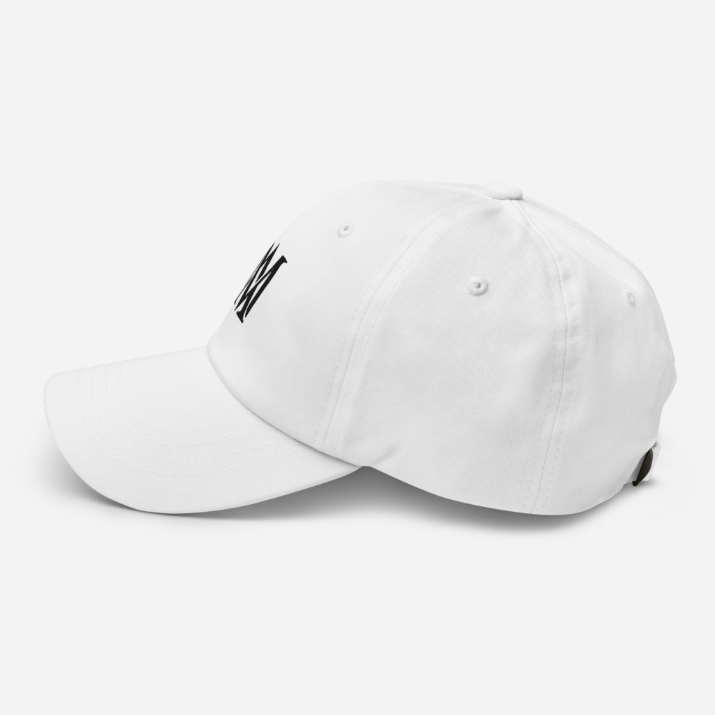 White baseball cap with black logo