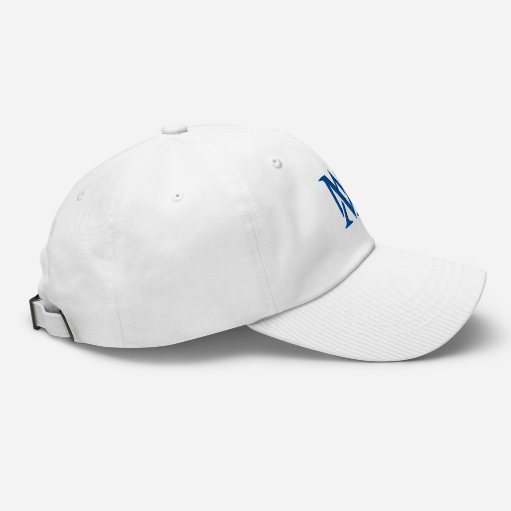 White baseball cap with blue logo