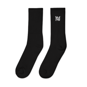 Pair of black crew socks with white logo