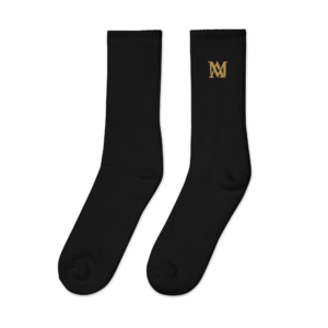 Black crew socks with gold monogram